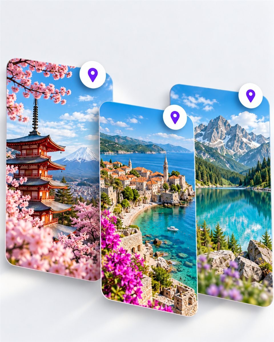 Travel photo collage of Japan, an Adriatic coastal town, and an alpine lake